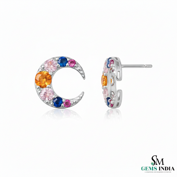 Rainbow Gemstone Crescent Moon Stud Earrings – Multicolor Sapphire & Diamond Accent Celestial Earrings