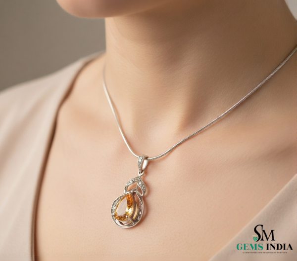 Teardrop Natural Citrine Pendant with Diamond Frame