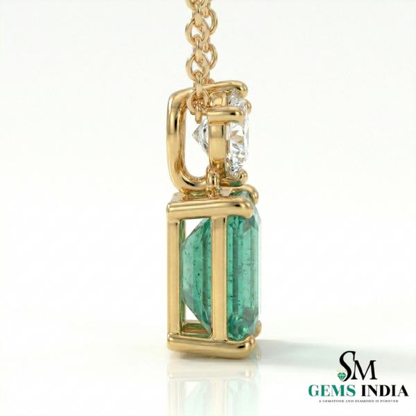 Emerald Cut Green Emerald Pendant with Round Diamond Accent