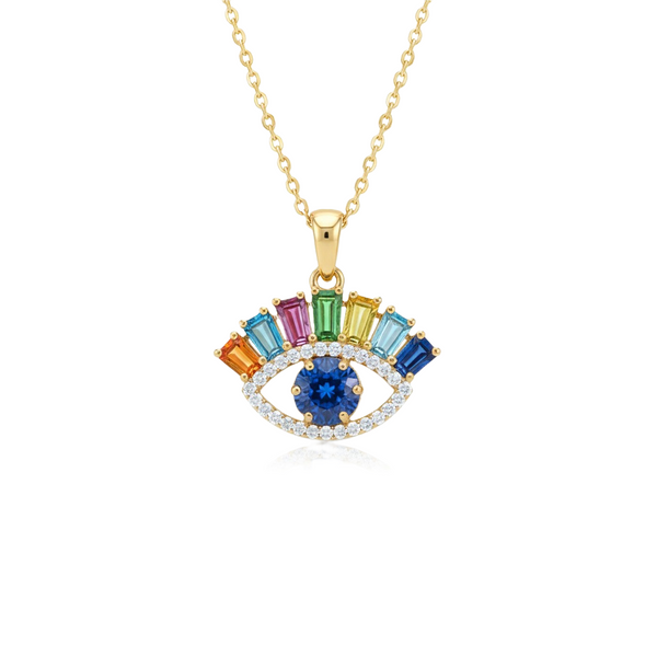 Rainbow Evil Eye Pendant Multicolor Baguette Gemstones in Gold