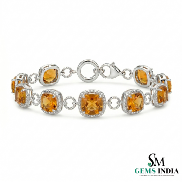 Natural Cushion Cut Citrine Halo Bracelet - Fine Gemstone Tennis Bracelet for Women