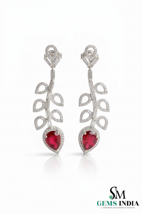 Pear Cut Ruby & Diamond Leaf Drop Earrings - Elegant Ruby Dangle Statement Earrings for Women
