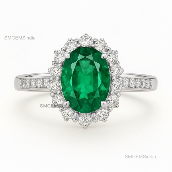 Oval cut Halo Ring Natural Green Emerald and Diamond Band in 14k Gold 4.50 carat Engagement ring