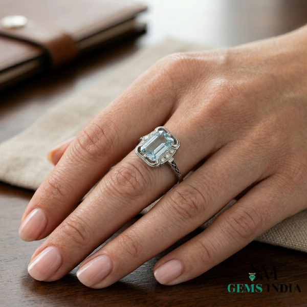 Emerald Cut Aquamarine Halo Ring with Diamond Accents - Vintage Inspired Statement Ring