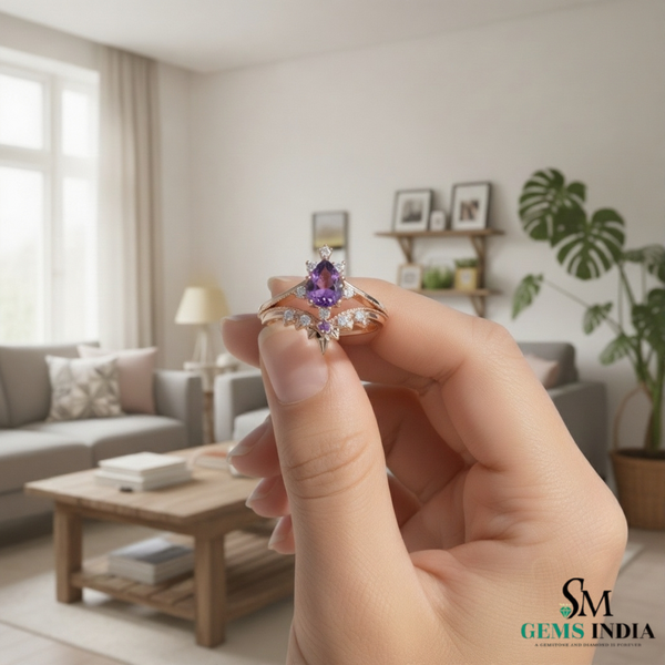 Pear Cut Amethyst & Diamond Crown Ring Luxury Gold Jewelry