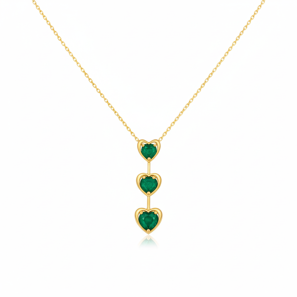 Triple Heart Design Round Natural Emerald Pendant in 14k Gold Romantic May Birthstone Gift