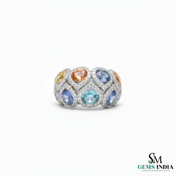 Designer Round Multi-Gemstone Diamond Ring Bold Luxury Style Multi - sapphire Ring