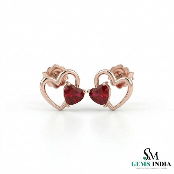 Heart Shaped Natural Ruby Stud Earrings - Valentine Gift for Her