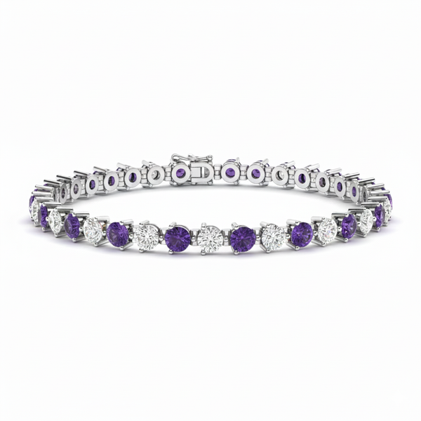 Round Natural Amethyst Diamond Bracelet for Women - Fine Gold Jewelry