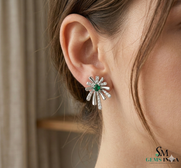 Emerald & Diamond Floral Burst Stud Earrings - Fine Emerald Jewelry