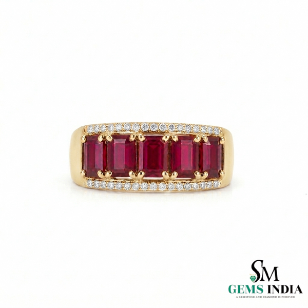 Emerald Cut Ruby Diamond Band Ring in 14k Gold - Statement Anniversary Ring