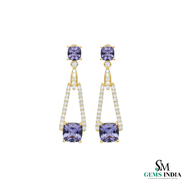 Cushion Cut Tanzanite & Diamond Drop Earring - Luxury Gold Jewelry