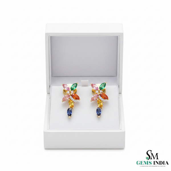 Multicolor Marquise Gemstone Floral Drop Earrings - Butterfly Flower Dangle Earrings