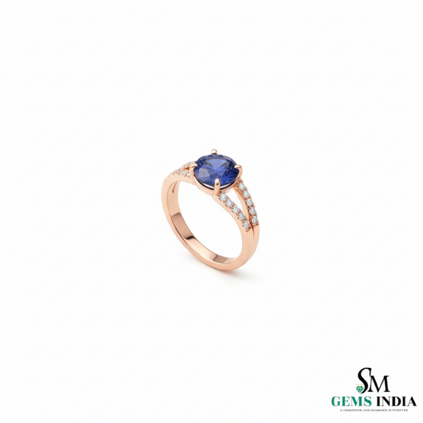 Round Blue Sapphire Diamond Split Shank Ring in 18k Gold