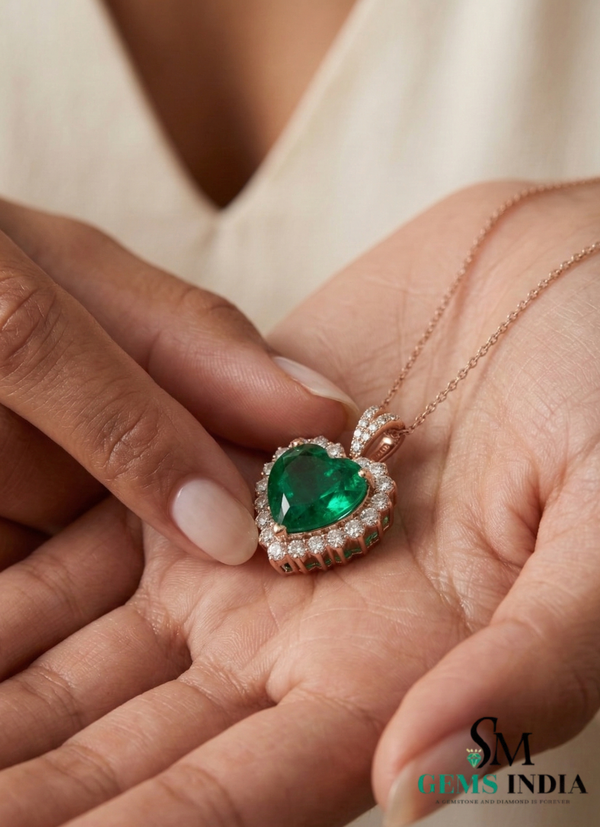 Heart Shape Emerald & Diamond Halo Pendant in Gold - Green Emerald Heart for Women
