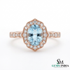 Vintage Oval Aquamarine Halo Ring with Diamond Accents Art Deco Inspired Engagement Ring