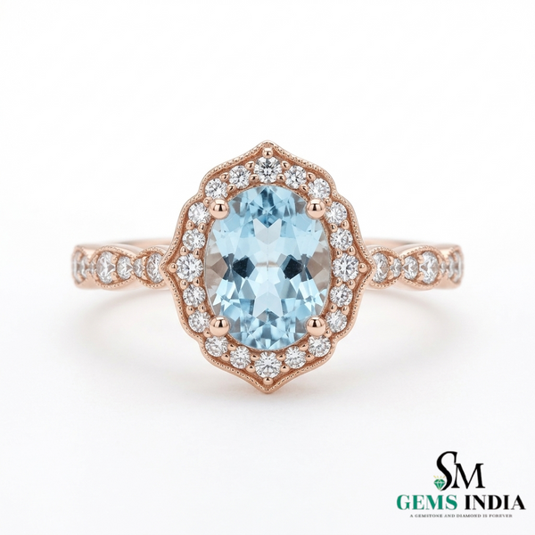 Vintage Oval Aquamarine Halo Ring with Diamond Accents Art Deco Inspired Engagement Ring