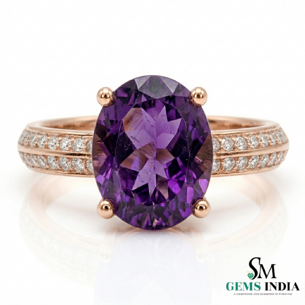Oval Amethyst Engagement Ring in 14K Gold with Diamond Band