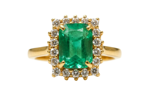 Elegant 3.50 carat Cushion Cut Natural Emerald And Diamond Statement Ring In 14K Gold
