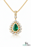 Natural Green Emerald & Diamond Teardrop Pendant - Anniversary Gift