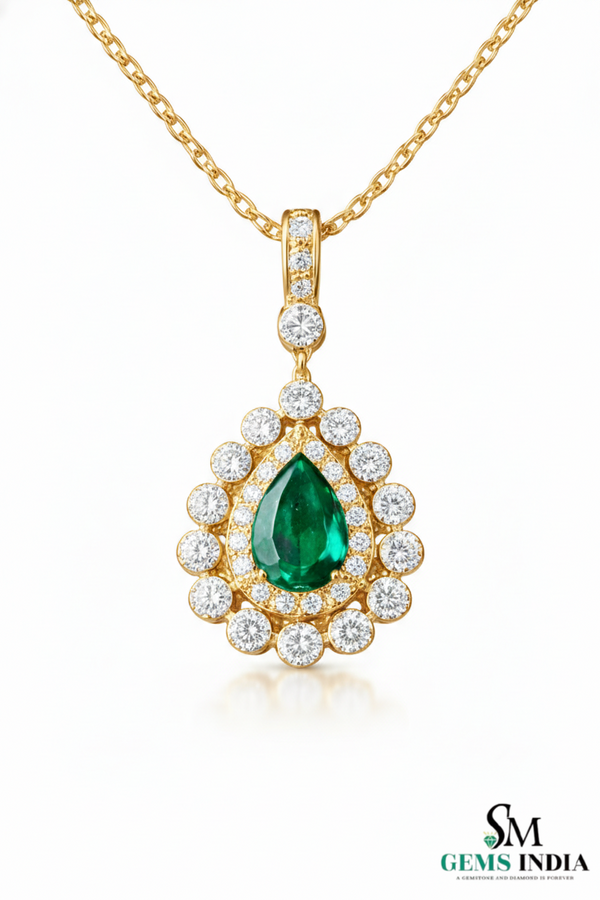Natural Green Emerald & Diamond Teardrop Pendant - Anniversary Gift