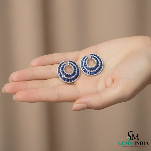 Oval Cut Blue Tanzanite & Diamond Crescent Hoop Earrings in 18k Gold