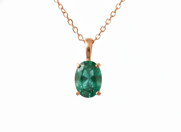 Oval shape Natural Emerald Pendant Necklace in 14k Solid Gold May Birthstone