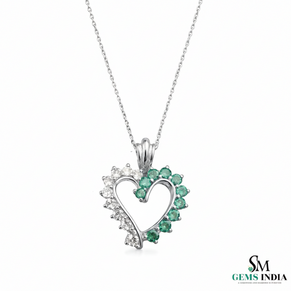 Green Emerald and White Diamond Open Heart Gold Pendant &\- Two Tone Pendant