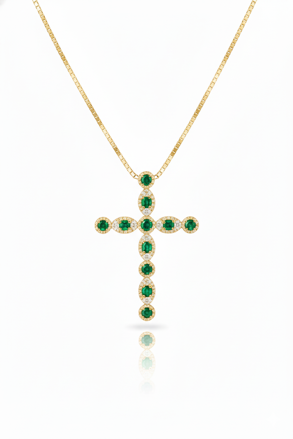 2.80 carat 14k Solid Gold Cross Pendant Round Natural Emerald Faith Jewelry Gift