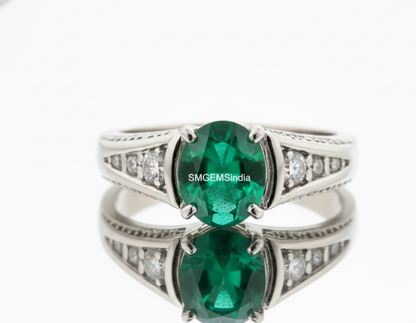 3.20 carat Oval cut Natural Emerald & Diamond Accent Ring with Split Shank Band