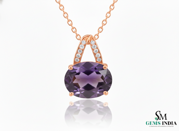Oval Cut Amethyst & Diamond Drop Pendant– Minimal Diamond Accent