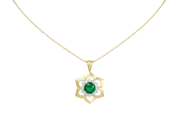 Round Natural Emerald Blossom Pendant Necklace in Gold Elegant Floral Design Jewelry Gift