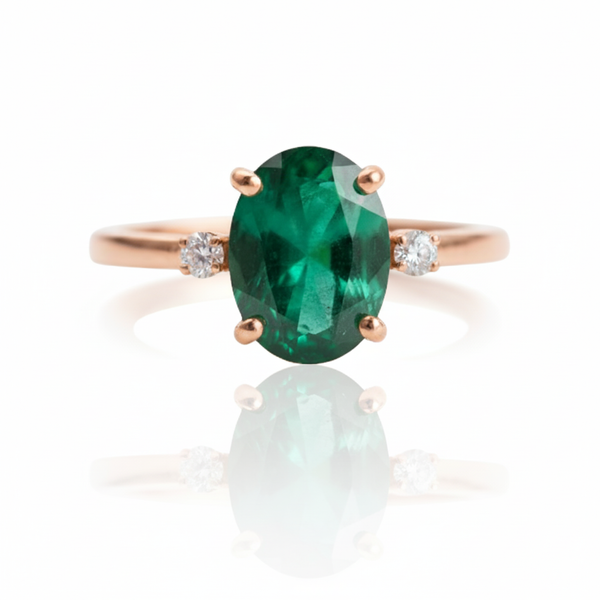 Unique Oval Cabochon Emerald and Diamond Ring 14K Gold Emerald Engagement Ring