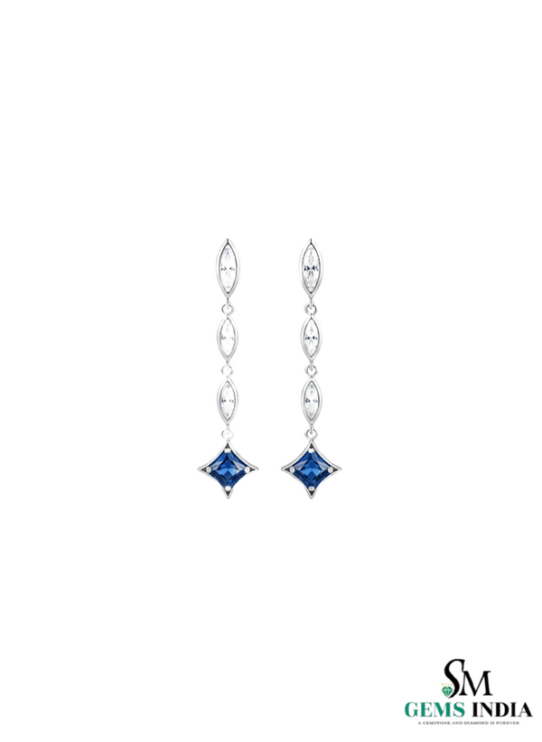 Square cut Natural Blue Tanzanite &; Diamond Long Drop Earrings in 14k and 18k Gold