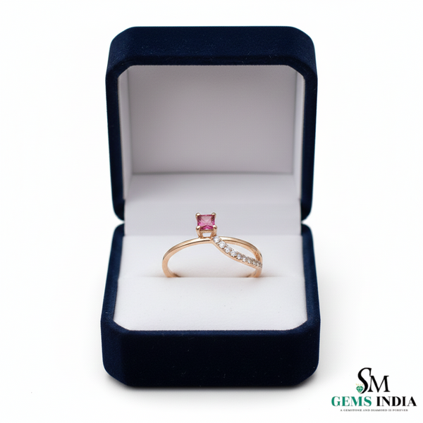 Princess Cut Natural Ruby Ring with Diamond Twist Band in 14k Gold