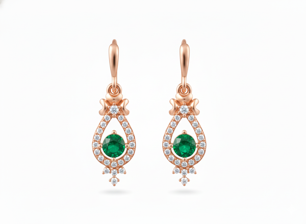 2 carat Round Natural Emerald Drop Earrings for Women Antique Gold Diamond Halo