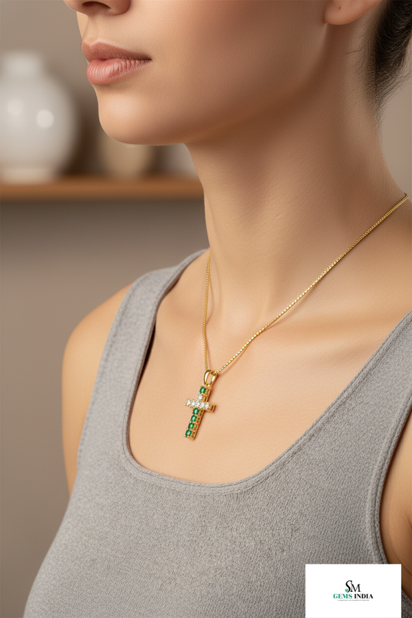 Elegant Natural Emerald Cross Pendant Necklace in 14K Gold Unique Pendant for her
