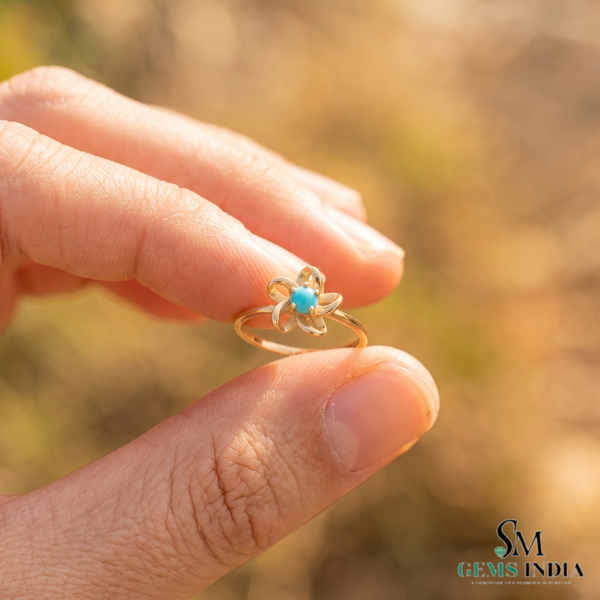 Round Cut Turquoise Flower Ring In 14k Gold – Floral Statement Ring