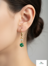 Round Natural Emerald & Diamond Drop Earrings in 14K Gold Dainty Lever back Design