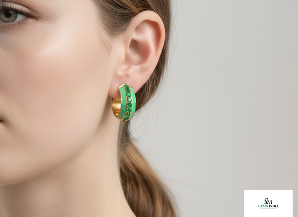Green Enamel Huggie Hoop Earrings with Sparkling Green Stones Round Green Gemstones