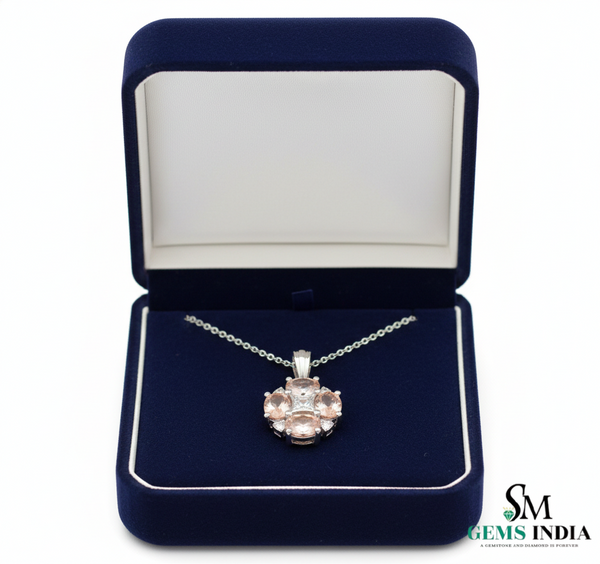 Oval cut Pink Morganite &; Diamond Gold Cluster Pendant for Women