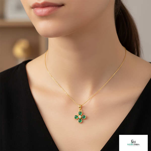 Pear shaped Natural Emerald and Diamond Four-Leaf Clover Pendant in 14K Gold Gift for her
