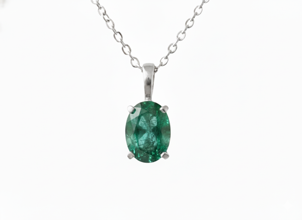 Oval shape Natural Emerald Pendant Necklace in 14k Solid Gold May Birthstone
