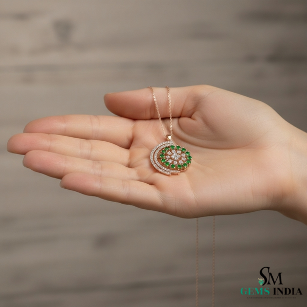 Round Natural Emerald; Diamond Spiral Flower Pendant in 18K Gold