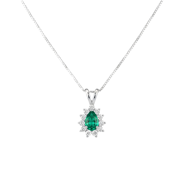 Teardrop Natural Emerald and Diamond Halo Necklace May Birthstone Jewelry Gift