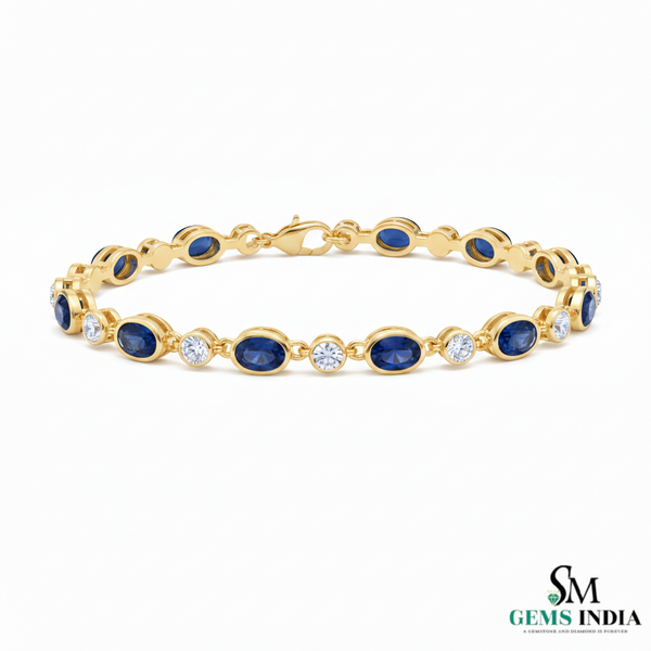 Oval cut Blue Sapphire & Diamond Tennis Bracelet – Anniversary Gift for Her