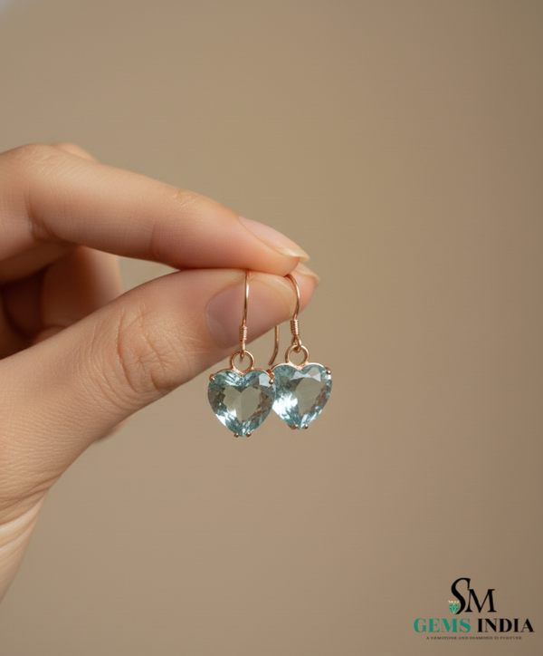 Heart Shape Natural Aquamarine Drop Earrings in 14k and 18k Gold