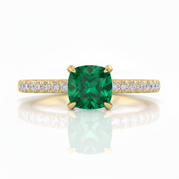 1.10 Carat Natural Emerald Cushion Cut Ring with Diamond Ring Engagement or Anniversary Ring
