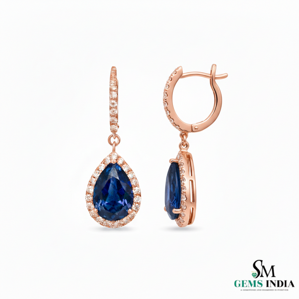 Pear Shaped Blue Sapphire and Diamond Halo Dangle Earrings - Sapphire Diamond Earrings