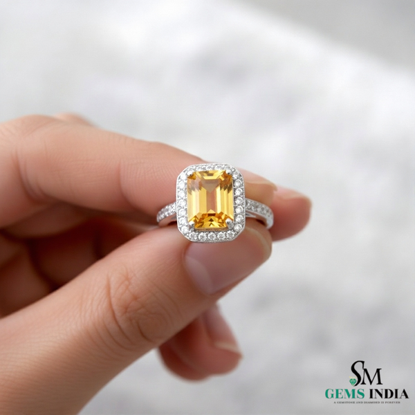 Elegant Emerald Cut Citrine Halo Ring for Women - November birthstone ring